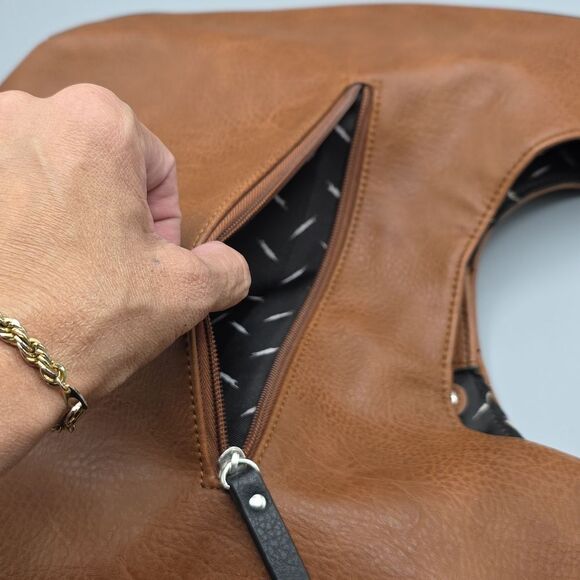 Kensie Hobo Purse Shoulder Bag Denim Patchwork Design Faux Brown Leather - Picture 5 of 17